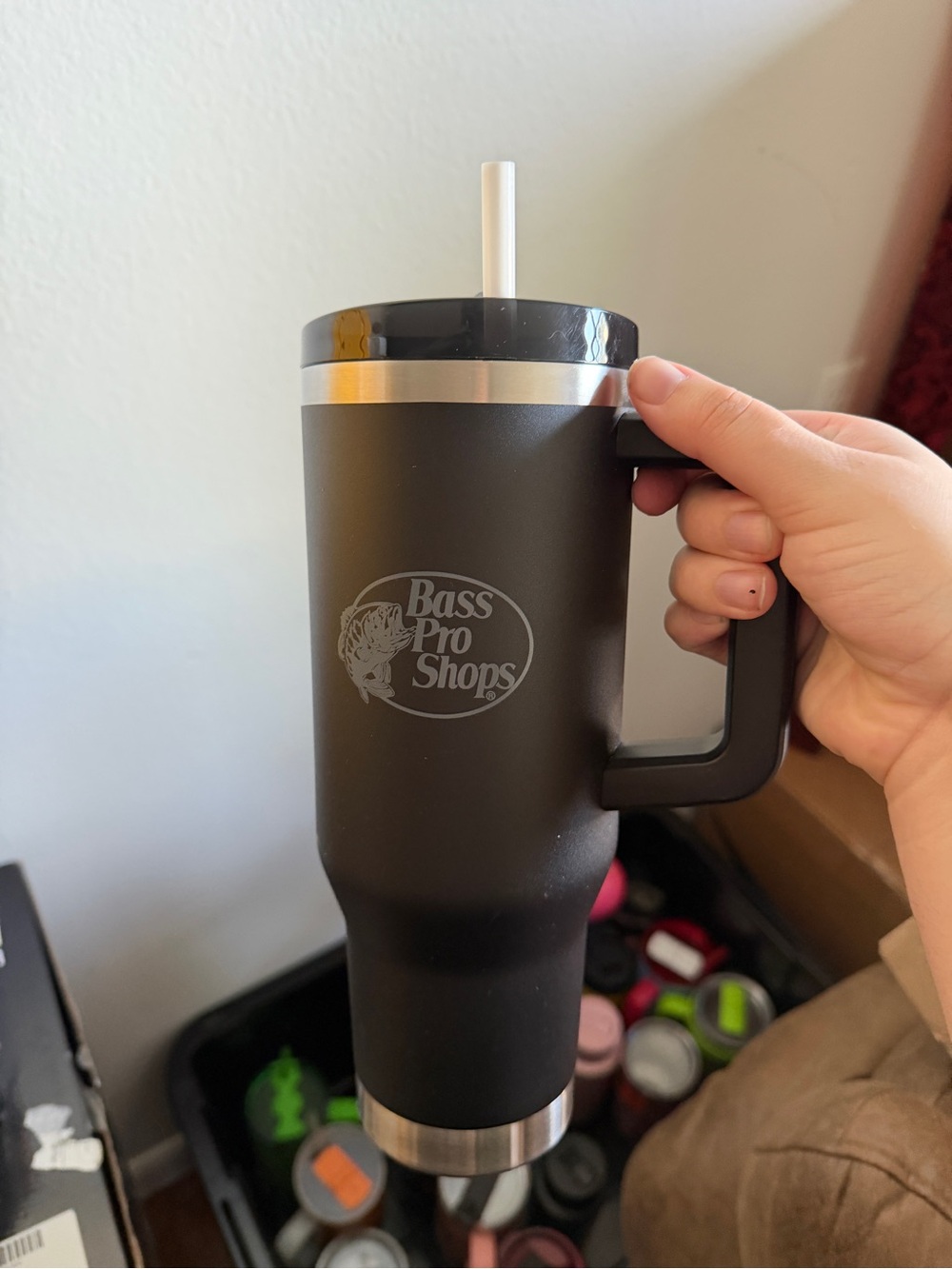 Bass Pro Shops Black and Silver Travel Tumbler with Handle